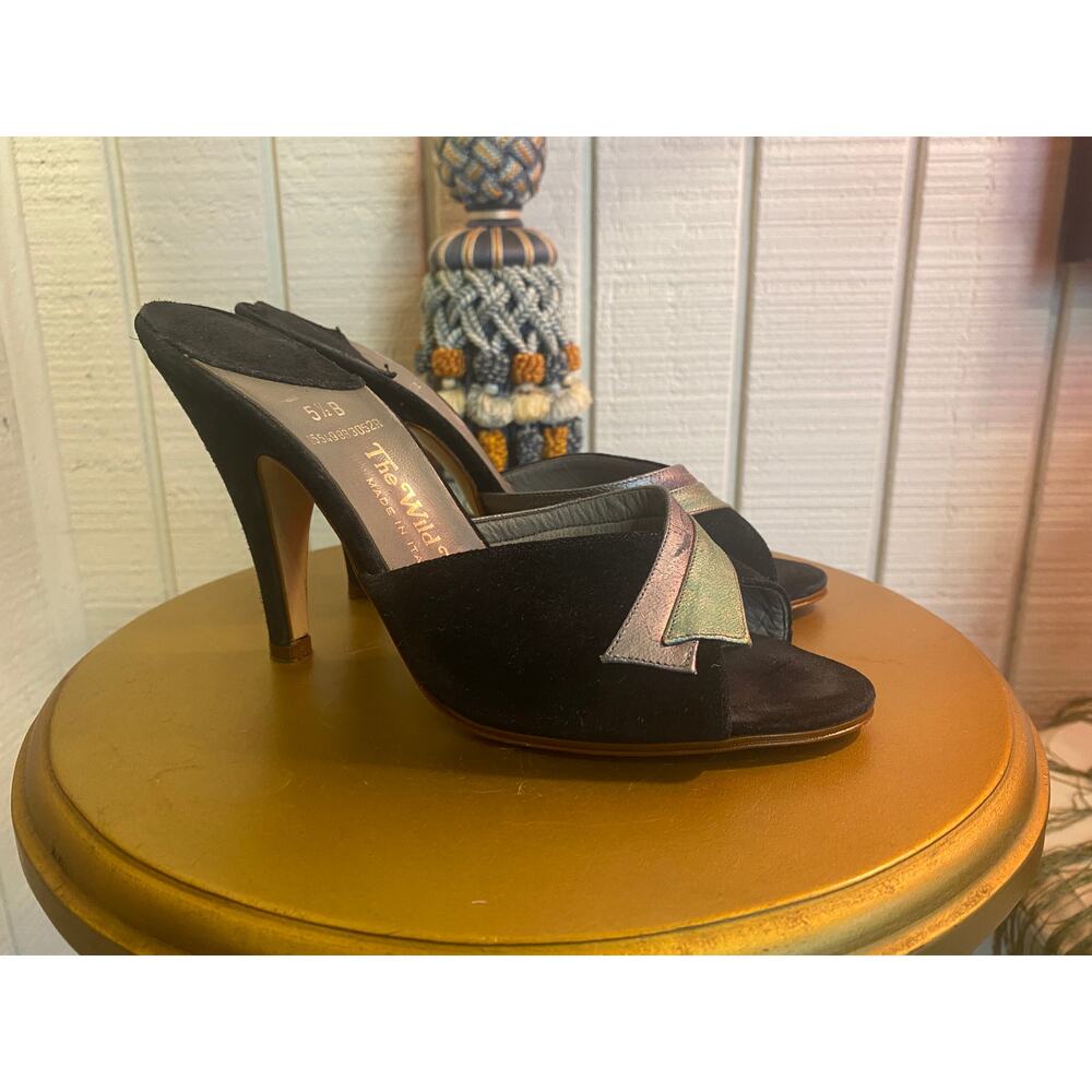 vintage 1970s black suede mules lilac and green striped shoes 70s heel wild pair
